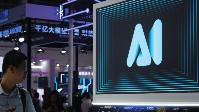 An AI sign at the World Artificial Intelligence Conference in Shanghai in July 2024. (Ying Tang/NurPhoto via Getty Images)